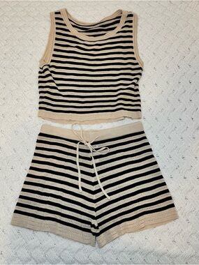 SHEIN Black and Beige Striped Knit Tank and Shorts Set